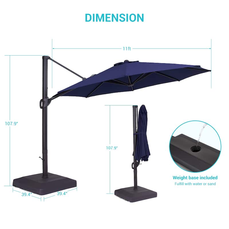 LIVOOSUN Outdoor Cantilever Offset Patio 11Ft Aluminum Umbrella w/Base