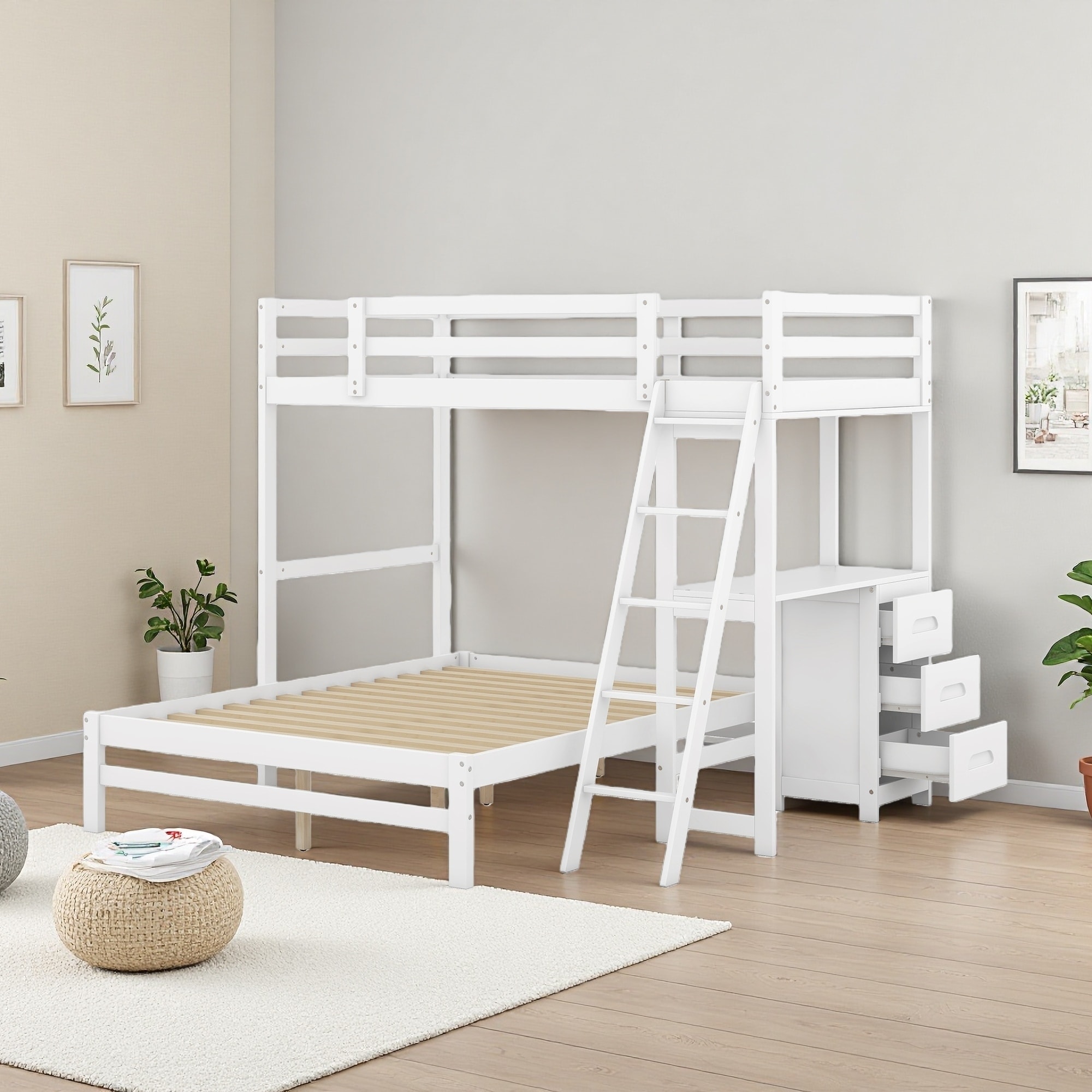 Twin Over Full Pine Bunk Bed with Built-in Desk and 3 Drawers