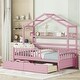 preview thumbnail 1 of 10, Pink Twin Pine House Bed with Roof, Drawers, and Shelf Pink