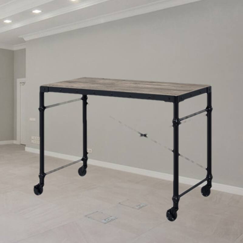 Industrial Writing Desk with Wheels, Rectangular Wooden Top, Nailhead Trim for Office or Home Workspace