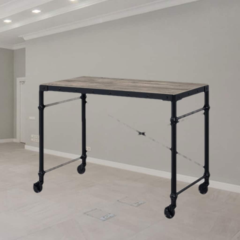 Industrial Writing Desk with Wheels, Rectangular Wooden Top, Nailhead Trim for Office or Home Workspace