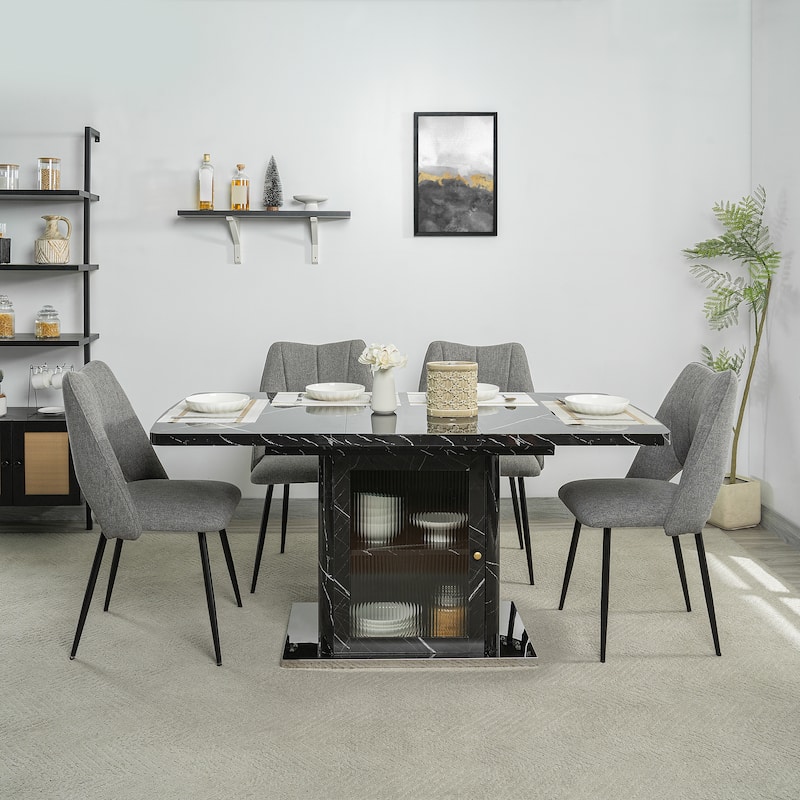 47-63" Modern Extendable Dining Table with Marble Top, Storage Leg & Metal Base