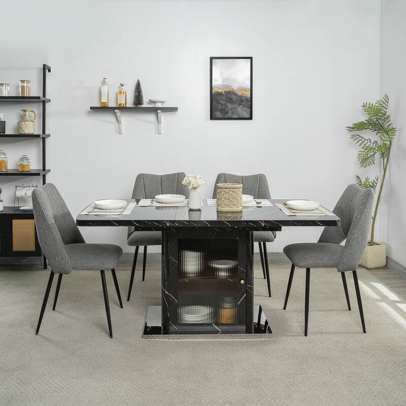 47.24"-63"Modern Rectangle Dining Table, Stretchable, with Printed Black Marble Table Top+Storage Cabinet Table Leg