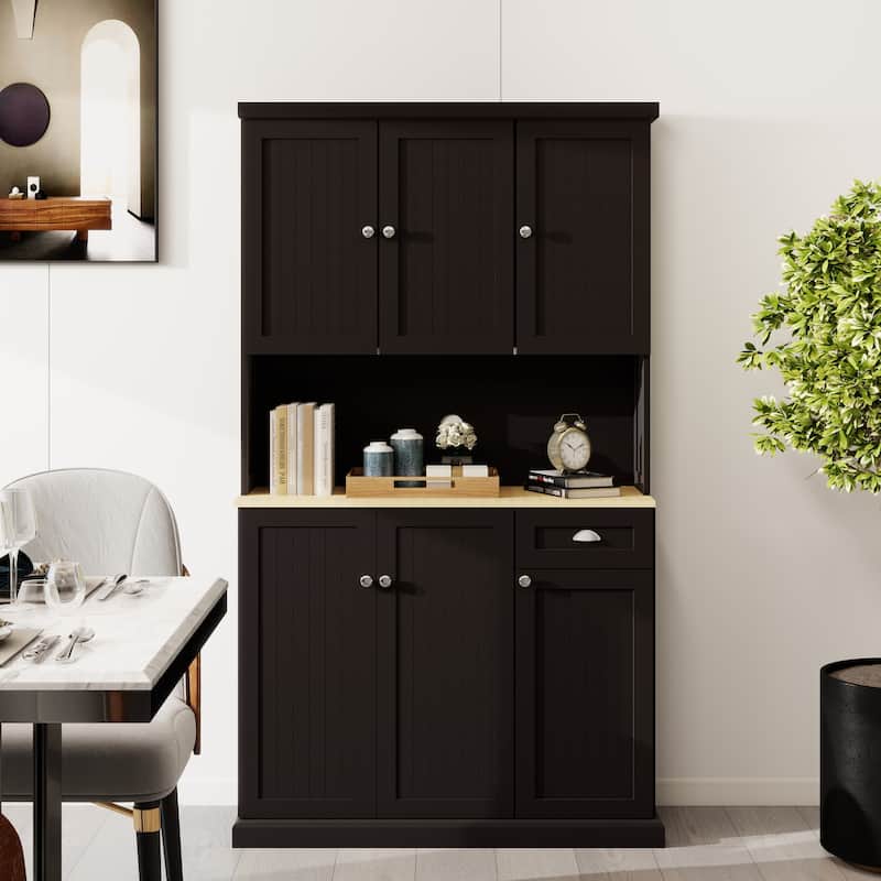 71" Freestanding Kitchen Pantry with Microwave Oven Countertop and Adjustable Shelves