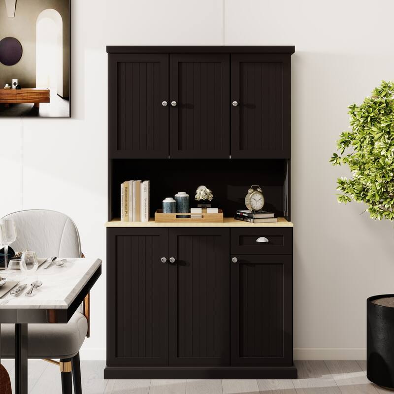 Kitchen Pantry with Microwave Oven Countertop, Hutch Cabinet with Adjustable Shelves, Storage Cabinet with 6 Doors and 1 Drawer