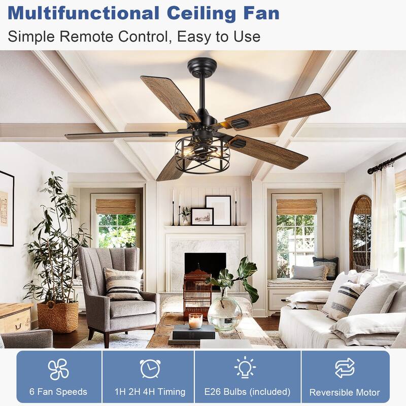 42-52Inch Caged Ceiling Fans with Lights: Dual Finish 5 Blades - Rustic with Remote Control (E26 Bulb Included)