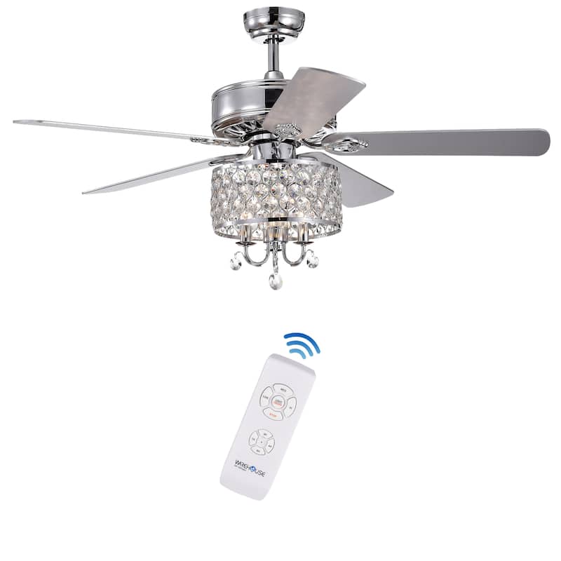 Fengren Chrome 3-light 52-inch Chrome Lighted Ceiling Fan with Crystal Shade (incl. Remote & 2 Color Option Blades) - Remote