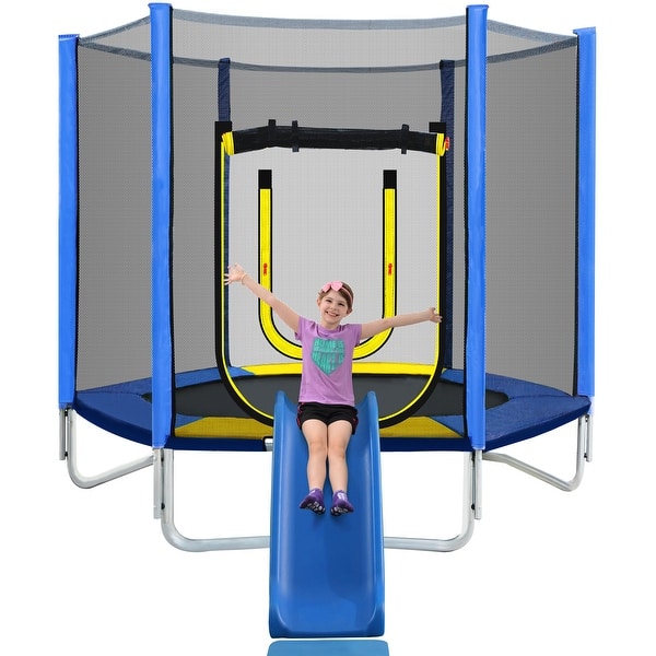 slide 2 of 9, 7FT Trampoline for Kids with Safety Enclosure Net, Slide and Ladder, Round Outdoor Recreational Trampoline Kids
