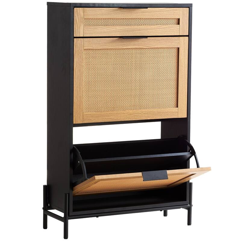 Modern Rattan Shoe Cabinet Narrow Wood Entryway Storage with Flip Drawers and Metal Legs - 25.47 x 10.35 x 40.47 inches
