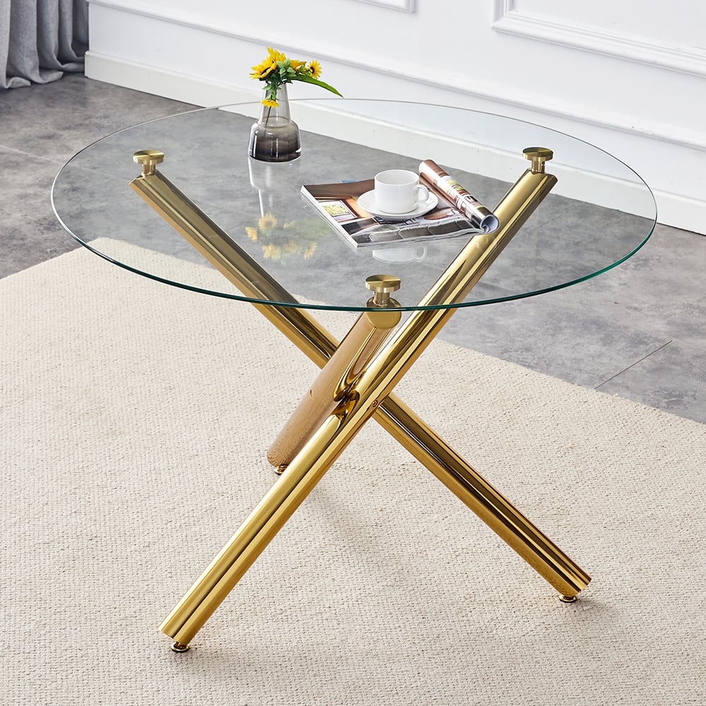 42-inch glass round table.Modern and simple, stylish choice: A glass round table with three metal table legs intersperse