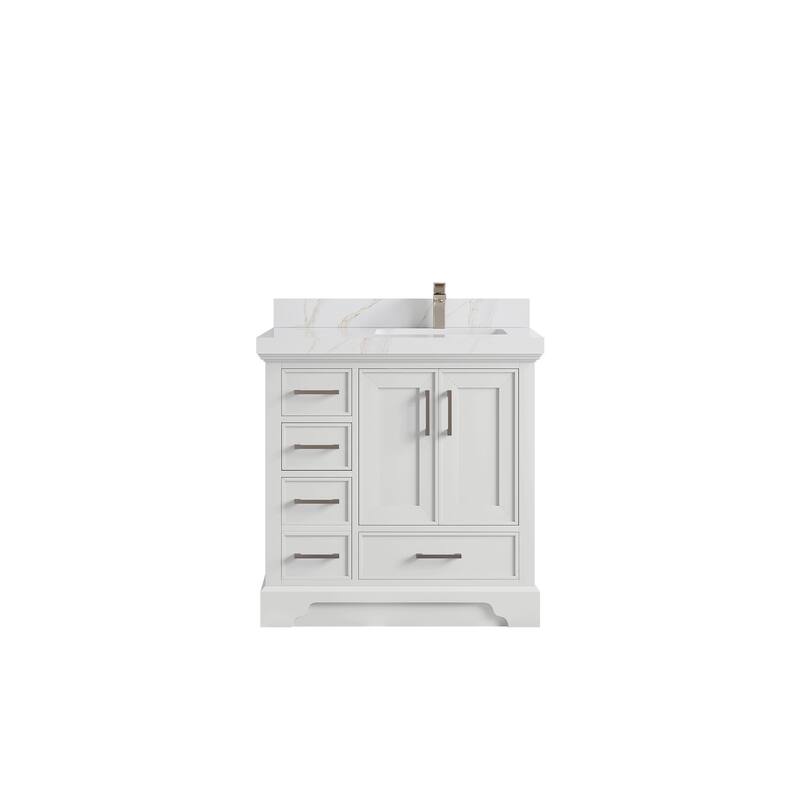 Willow Collections 36 x 22 Charlotte D Right Offset Sink Bathroom Vanity with Countertop - 2"Calacatta Sienna - White