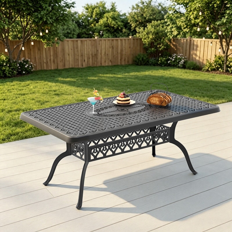 66.93" x 37.40" Rectangular Patio Decorative Cast Aluminum Dining Table with Umbrella Hole