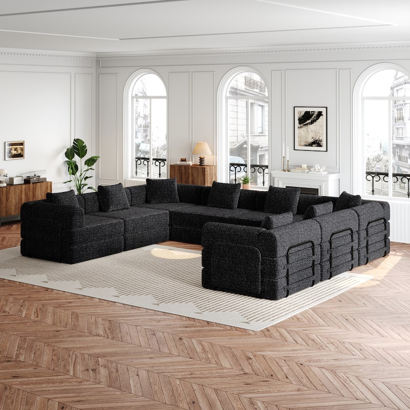 8 Seater Folding Couch Modular Chenille Sectional Sofa Freely Combined Sleeper Sofa Bed with Storage Pockets and Anti-slip Pads
