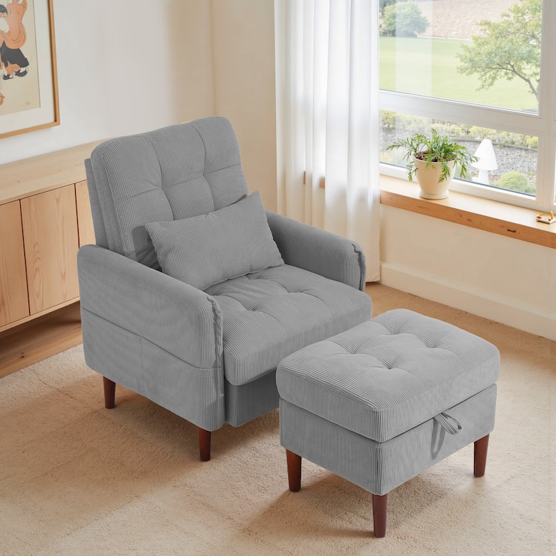 Adjustable Backrest Upholstered Accent Chair with Storage Ottoman Set