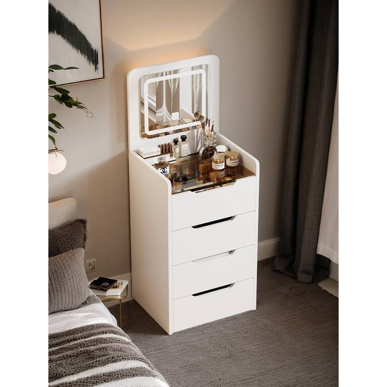 3 in 1 Vanity Desk with Plip Top Mirror,Small Make Up Vanity Set with Visible Glass Desktop, Compact Dressing Table