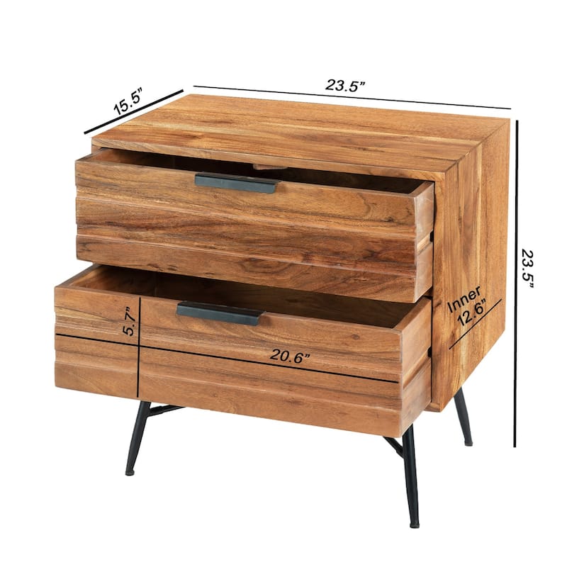 2 Drawer Wooden Nightstand with Metal Angled Legs, Black and Brown