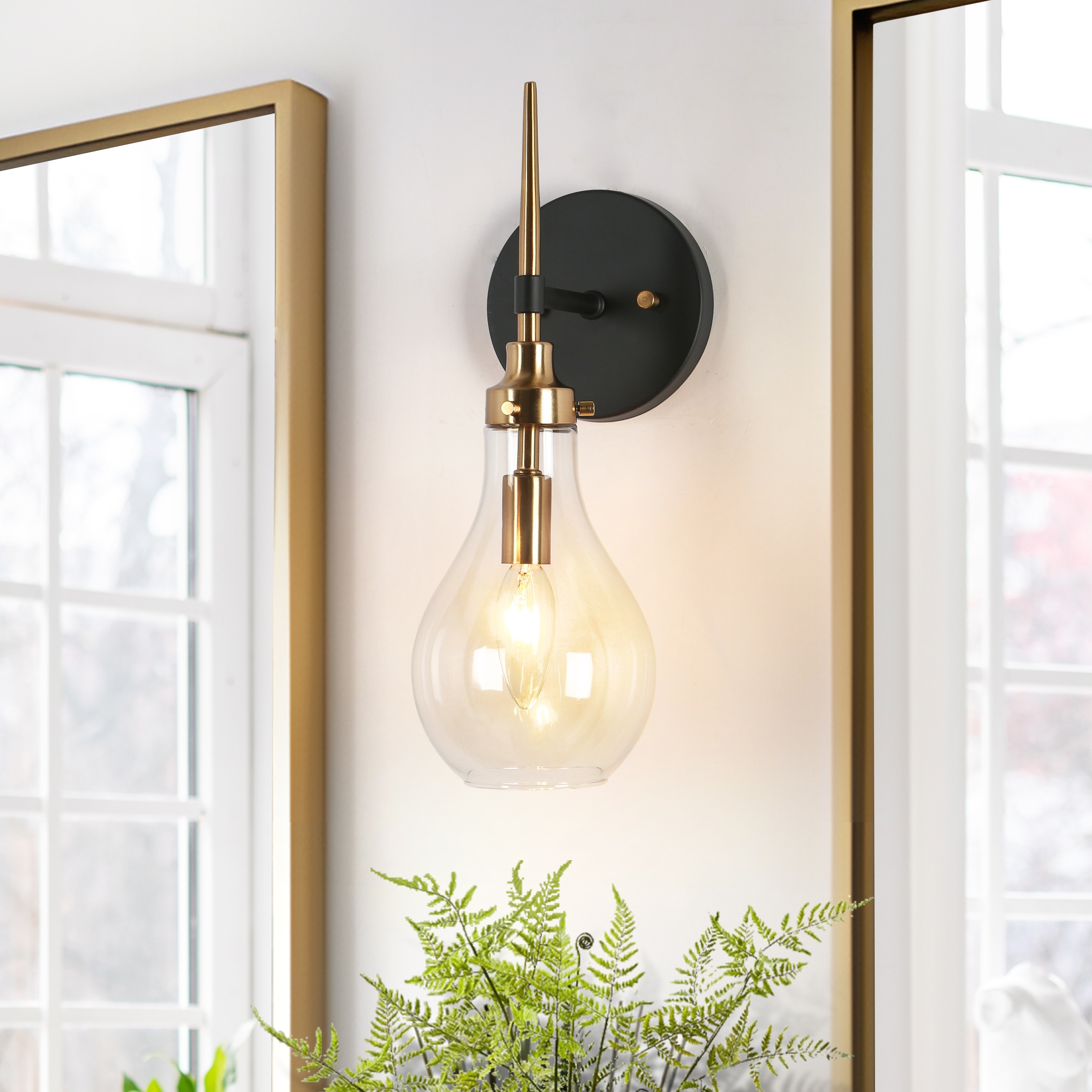 Synia Modern Black Brass Wall Sconces Glass Bathroom Vanity Lights for Hallway - L 5" x W 7" x H 15"