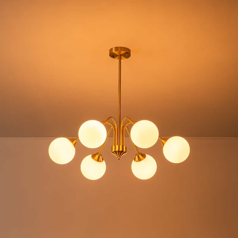 Mid-century Brass Opaline Glass Globe Radial Chandelier