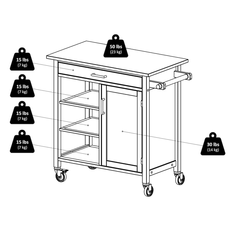 Marissa Kitchen Cart, Walnut - 36.18 x 18.5 x 34.61 inches