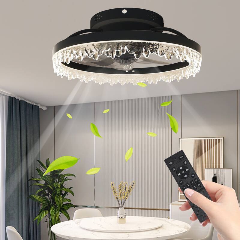 LunaDrift 16"20"24" Modern Black Crystal Smart Flush Mount Ceiling Fan with Light, Dimmable Bedroom Ceiling Fan w/Remote