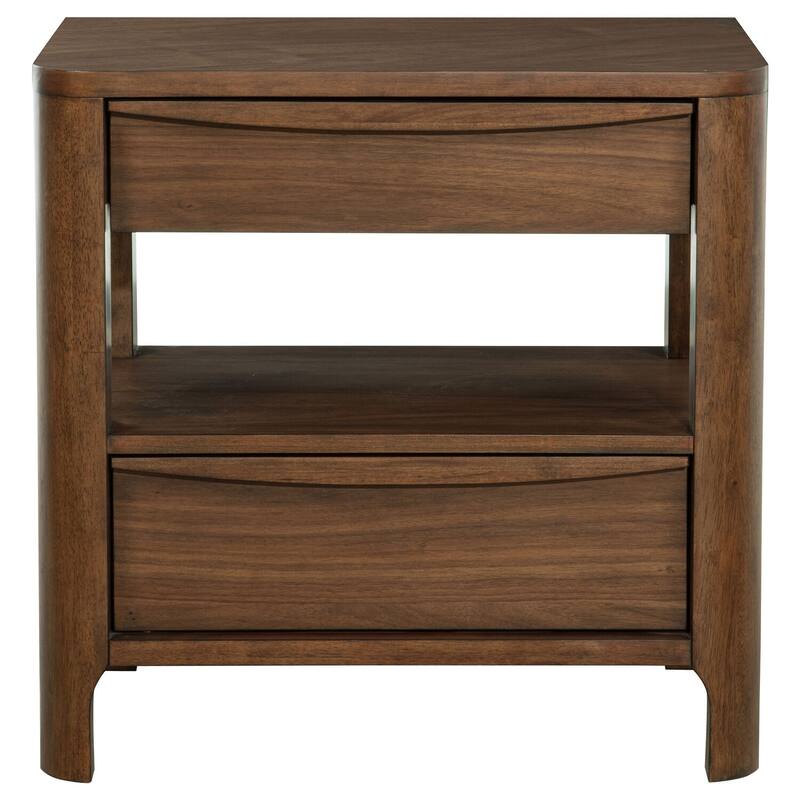 Walnut 2-Drawer Nightstand with Open Shelf, Cedar Drawer, Felt Lining and Curved Fronts for Transitional Style