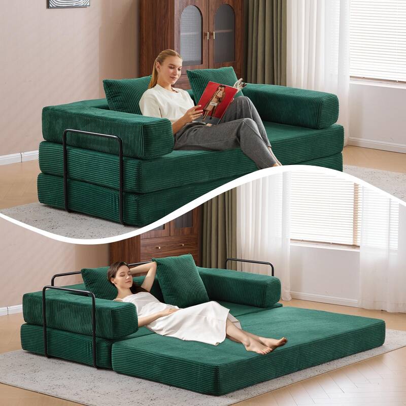 Green Fabric Foldable Futon Sofa Bed Convertible with Corduroy Cover - 78.5” L x 37” W x 23.6” H