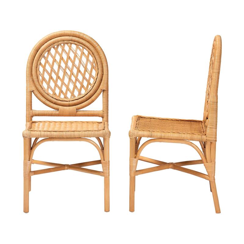 Oxford Round Back Rattan Dining Chair Set of 2 - Handwoven Cane Accent Chairs with Open Lattice Design, Natural Wicker Seating