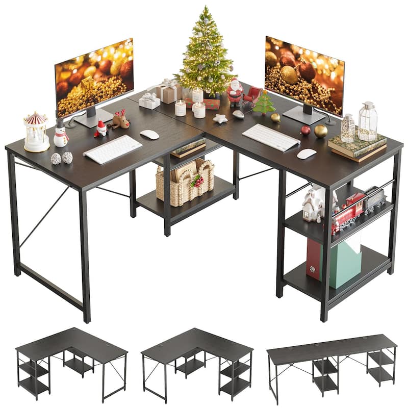 86.6 Inch L Shaped Desk Reversible Corner Office Computer Desk with Shelves - Black