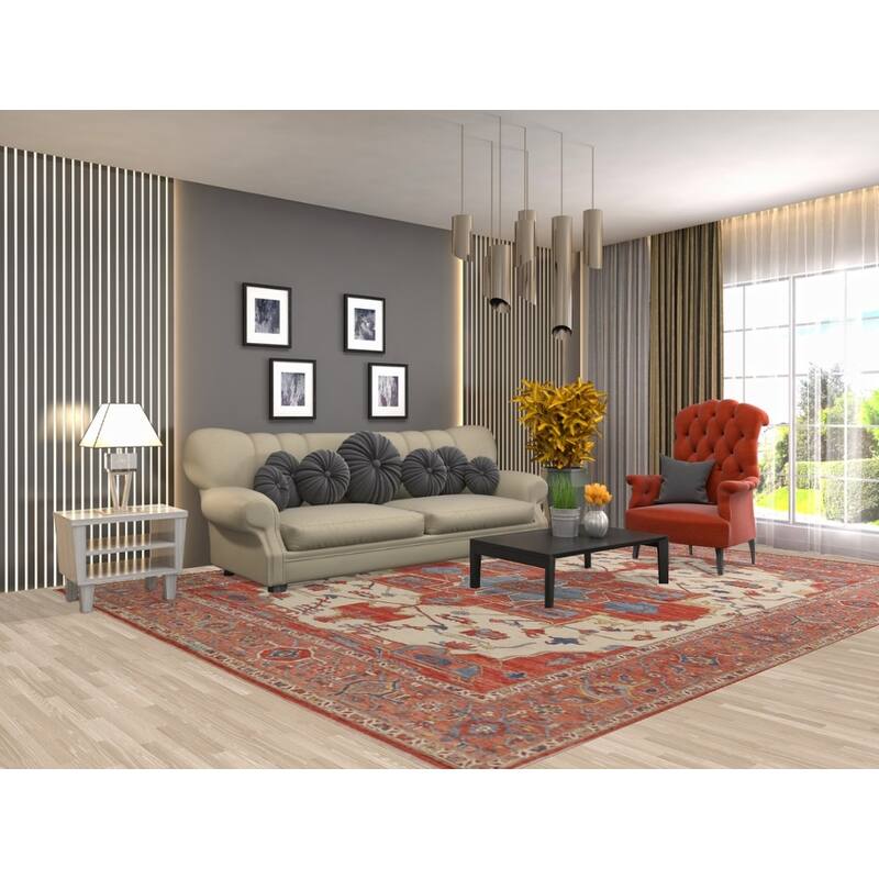 Hand Knotted Oriental 100% Wool Carpet Traditional Medallion Beige & Ivories Heriz (serapi) Area Rug - 11' 10'' X 9' 2''