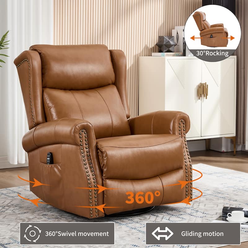360° Swivel Rocking Recliner with Heat & Massage, Genuine Leather