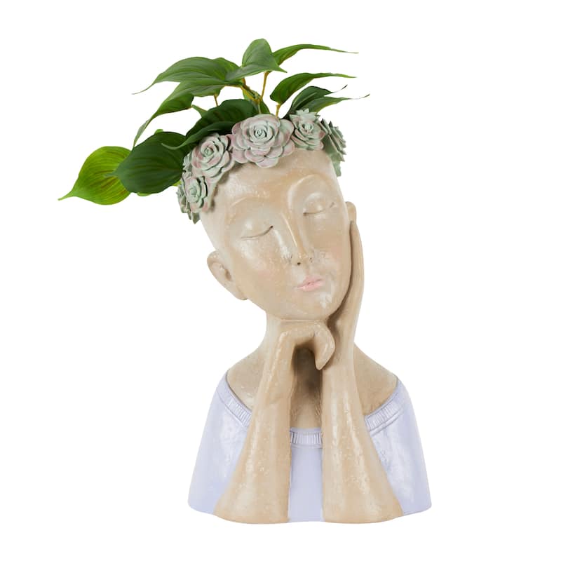 Beige Resin Bust Woman Planter with Succulent Crown and Top