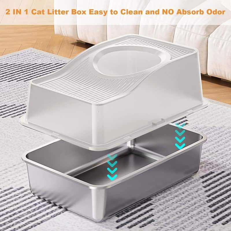 Stainless Steel High Sided Cat Litter Box, Enclosed Removable Covered