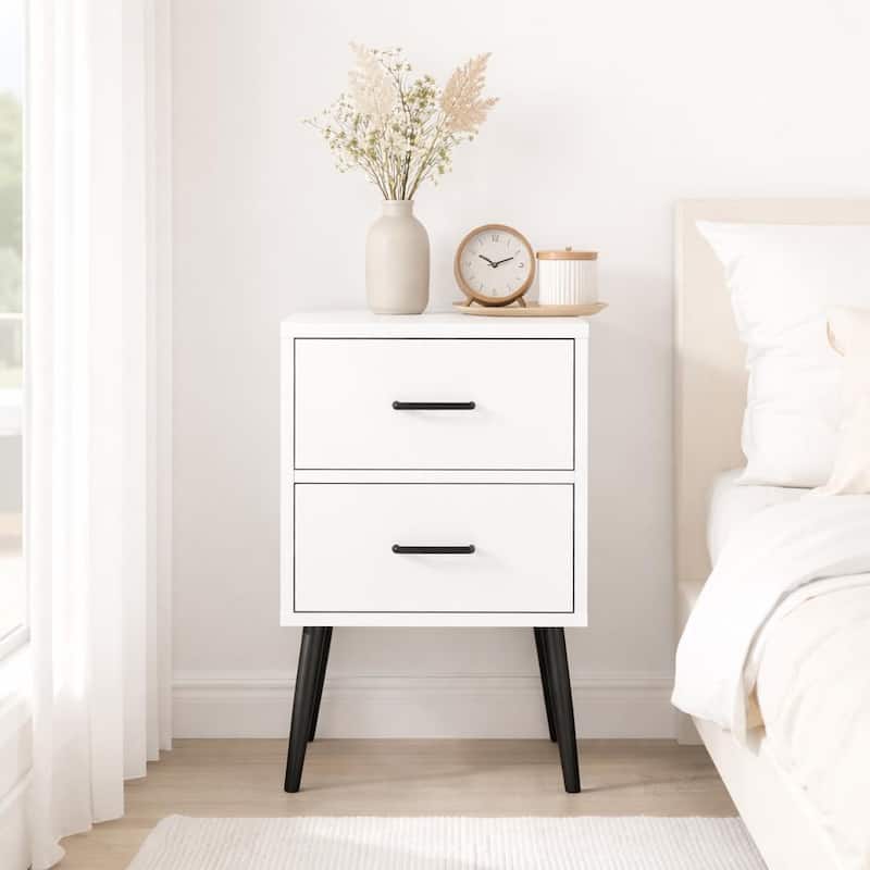 2-Drawer Nightstand with Metal Legs and Metal Handles, Modern White Bedside Table, Small End Table for Bedroom, Living Room - White