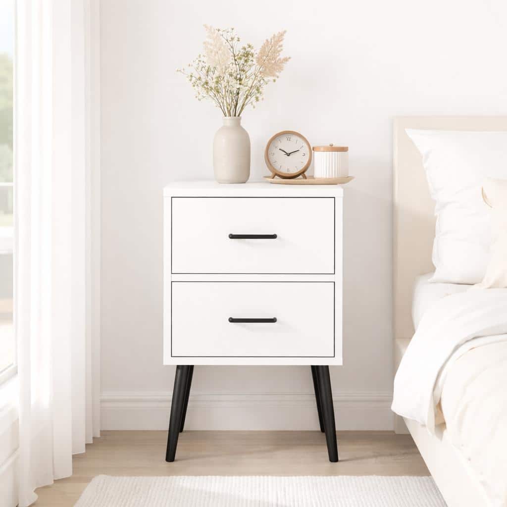 2-Drawer Nightstand with Metal Legs and Metal Handles, Modern White Bedside Table, Small End Table for Bedroom, Living Room