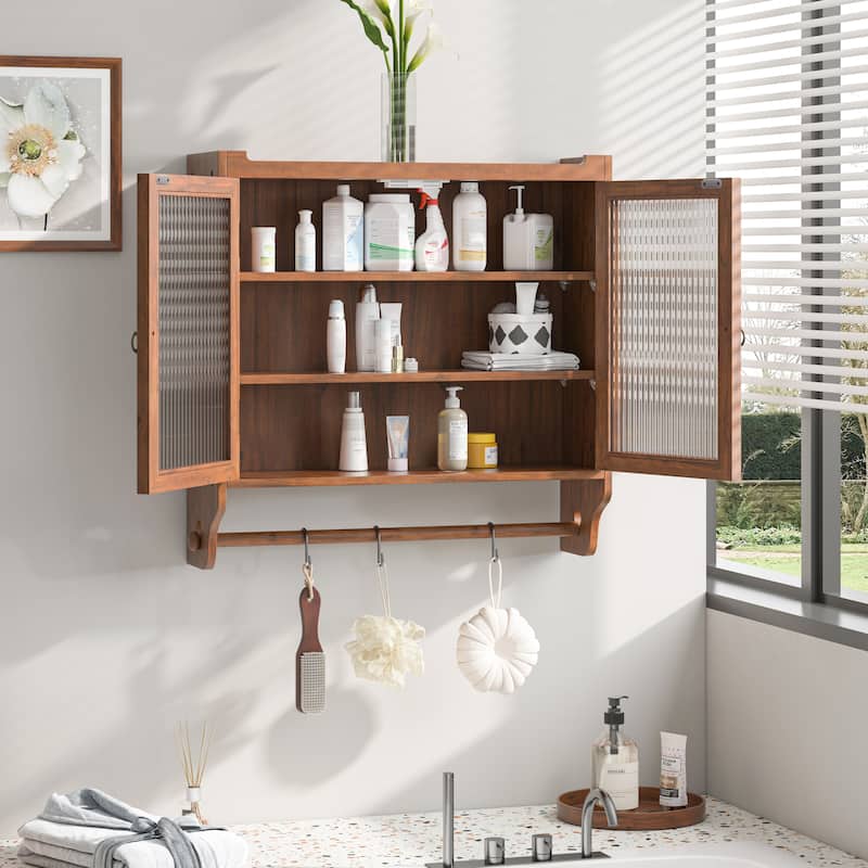 24.8"Glass Door Wall Cabinet with 3 Tiers of Storage with Towel Rack