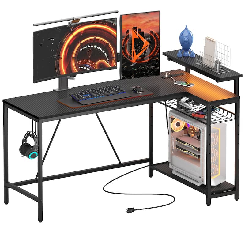Reversible L Shaped Desk LED Computer Desk with Power Outlets and Monitor Stand Office Desk - 58 inches x 32 inches - Black Carbon Fiber