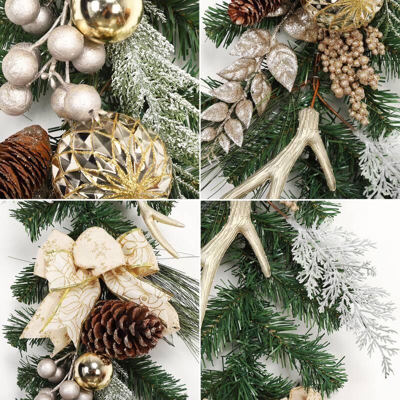 6Ft Christmas Garland with Lights Gold Ball Ornaments Pine Cones Antlers for Indooor
