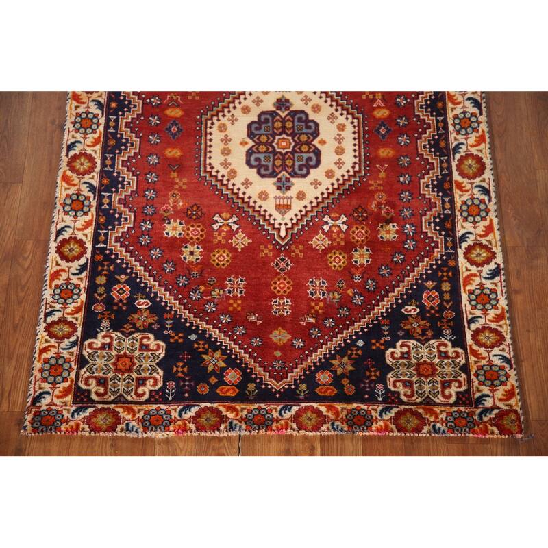 Shiraz Persian Vintage Area Rug Handmade Geometric Red Wool Carpet - 3'2"x 4'10"