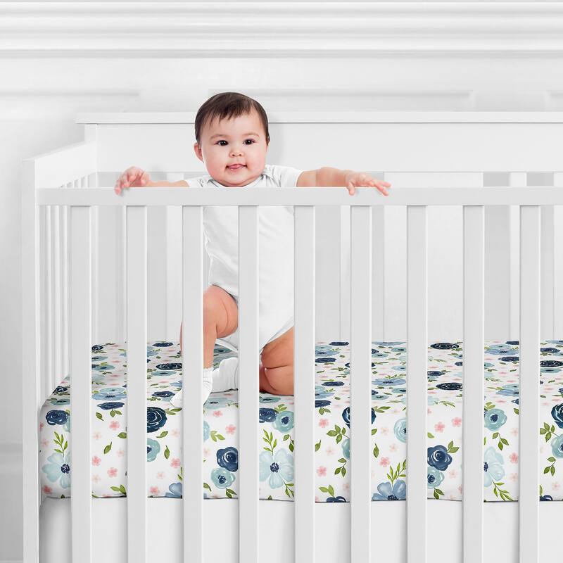 Floral Collection Girl Jersey Knit Fitted Crib Sheet - Navy Blue and Blush Pink Boho Shabby Chic Rose Watercolor Flower