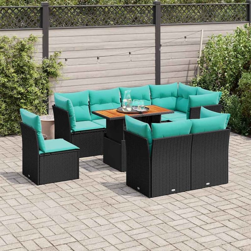 vidaXL 9 Piece Patio Sofa Set with Cushions Black Poly Rattan - 24.4 x 24.4 x 27.2 - Black-with storage