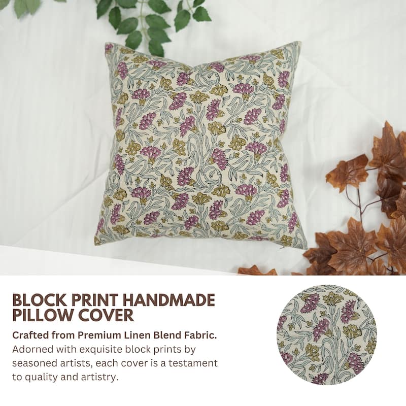 Fabdivine Hand Block Print Floral Pillow Cover Linen Cushion Case for Sofa Guest Room Fall Home Accent Gift, Shehjan