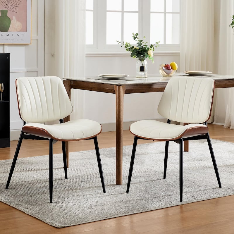 Dining Chairs Set of 2, Modern PU Leather Upholstered Accent Chairs with Shell Strips, Walnut Bentwood Back