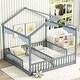 preview thumbnail 1 of 5, Double Twin Size Pine Wood House Floor Bed w/Fence & Guardrails, Grey Grey - Twin