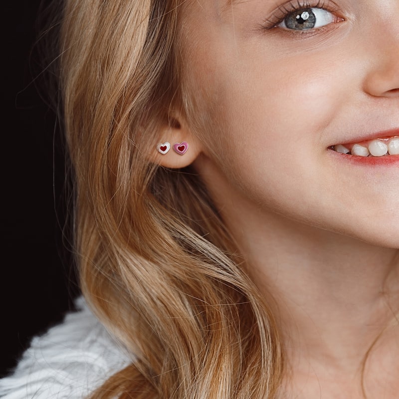 Miadora Children's Heart Enamel Stud Earrings 2-Piece Set Sterling Silver