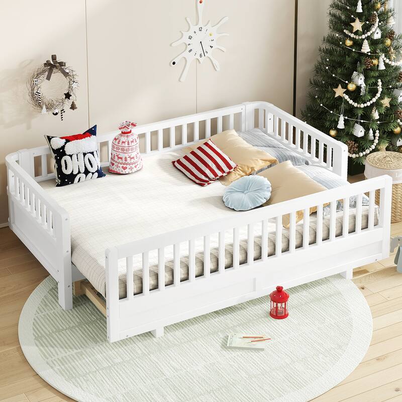Wooden Platform Sofa Bed Frame with Guardrails, Solid Wood Pull Out Daybed, Can Be Converted into a Double Platform Bed
