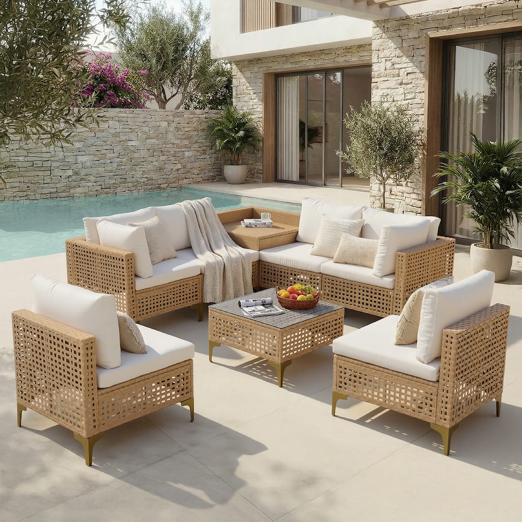 8pcs Wicker Patio Conversation Set Seating with Storage Box