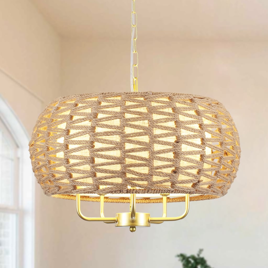 5-Light Hemp Rope Candlestick Hanging Linear Chandelier Lighting with Cloth Cover for Kitchen Island