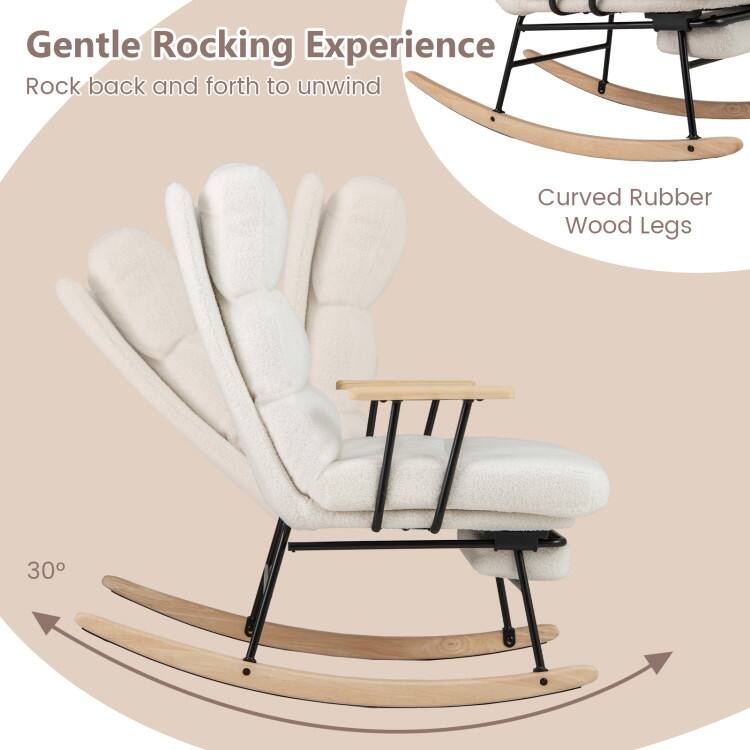 White Teddy Velvet Rubber Wood Rocking Chair with Adjustable Backrest and Footrest - 38" x 25.5" x 38"