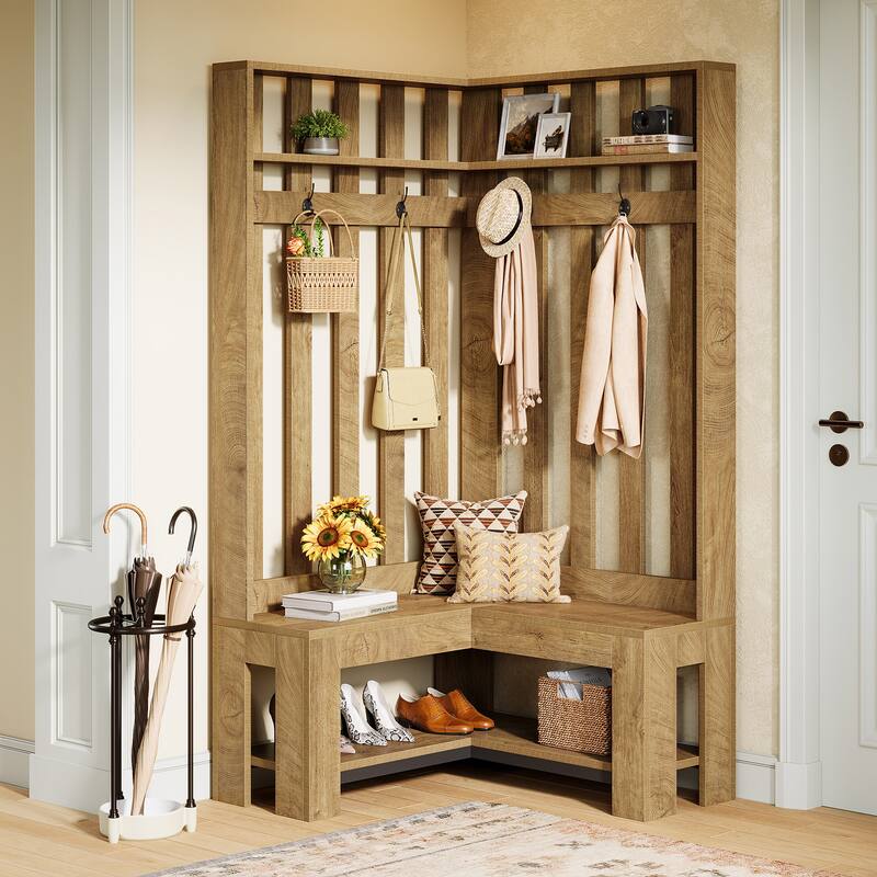 L-Shaped Entryway Hall Tree with Shoe Storage Shelf and 4 Hooks