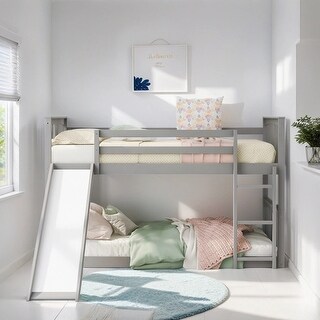 Wood Twin over Twin Size Bunk Bed Frame with Slide and Ladder, Grey ...